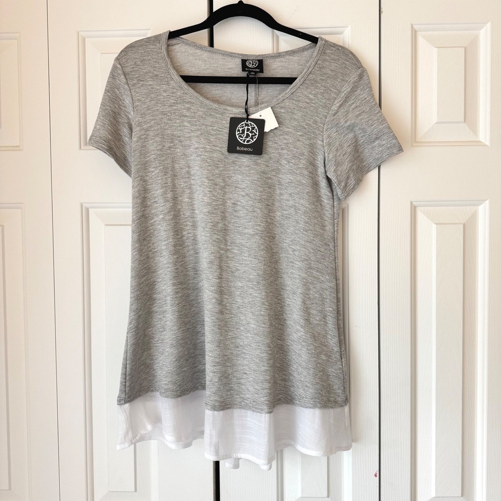 Bobeau Womens Gray Heathered Short Sleeve Top White Layered Hem Size XS NWT